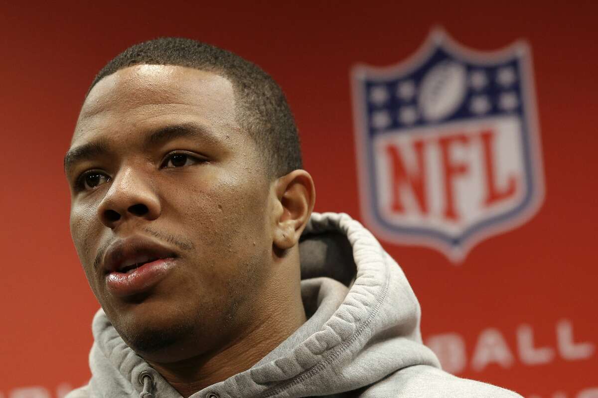 In this Jan. 16, 2013, file photo, Baltimore Ravens running back Ray Rice speaks during a news conference at the team's practice facility in Owings Mills, Md. Rice was let go by the Ravens on Monday, Sept. 8, 2014, and suspended indefinitely by the NFL after a video was released that appears to show the running back striking his then-fiancee in February.