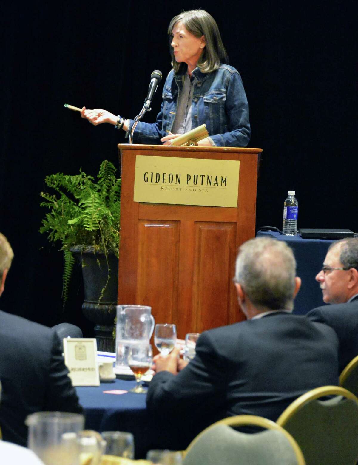 Former Clinton EPA head, Carol M. Browner, now a member of the Leadership Council of Nuclear Matters, addresses the Independent Power Producers of New York's Annual Fall Conference at the Gideon Putnam Resort Tuesday. Sept. 9, 2014, in Saratoga Springs, N.Y. (John Carl D'Annibale / Times Union)