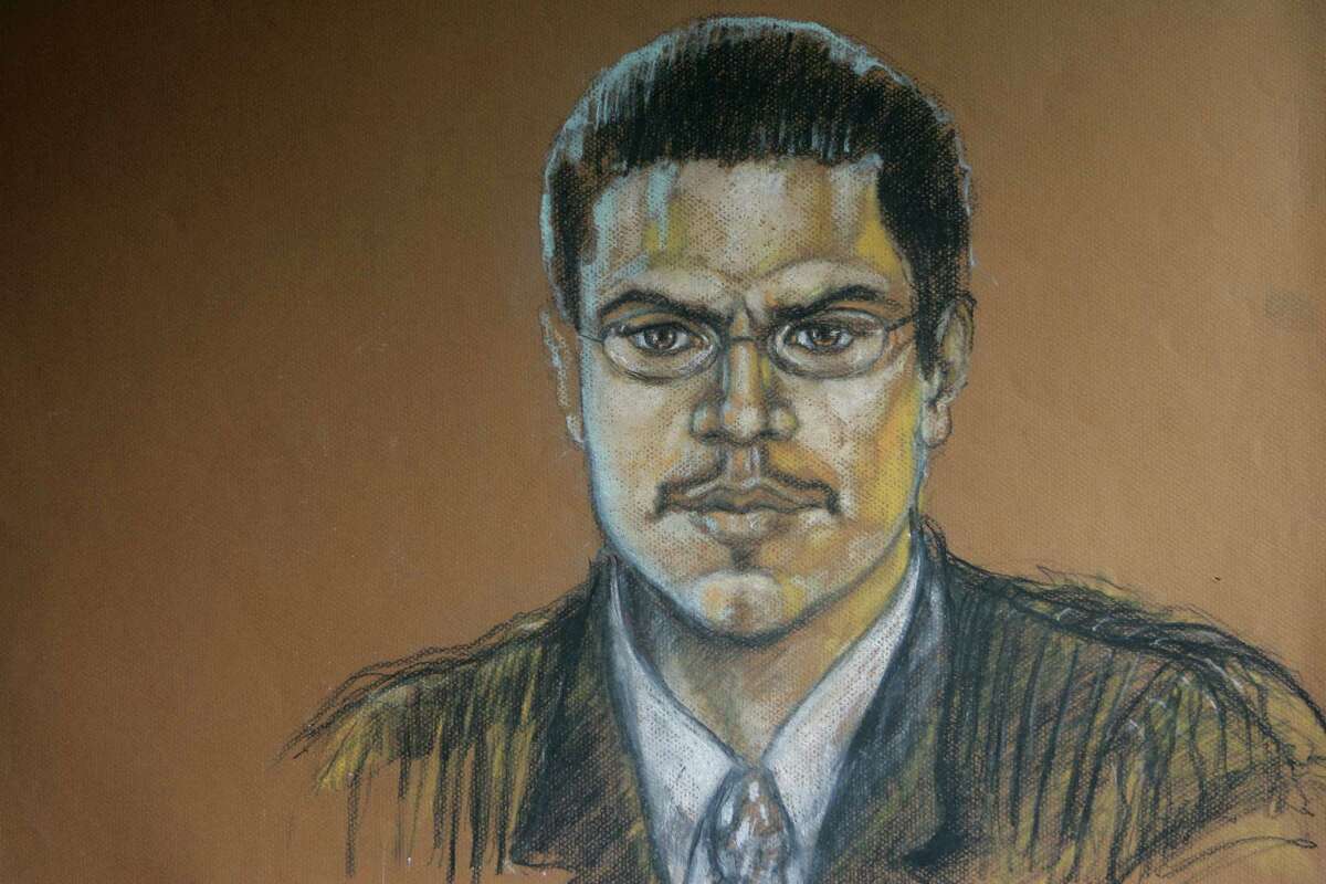 FILE- This Aug. 16, 2007, file photo, shows a courtroom sketch of Jose Padilla during his terrorism trial in Miami. Padilla is set to be sentenced a second time by a federal judge Tuesday, Sept. 9, 2014 in Miami, because the original prison term of 17 years was too lenient. Padilla was arrested by the FBI in 2002 on what authorities said was an al-Qaida mission to detonate a radioactive "dirty bomb" inside the U.S. Those accusations were later discarded. (AP Photo/Shirley Henderson, File)