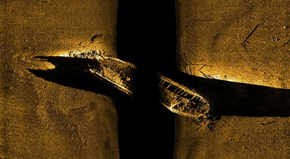 This image released by Parks Canada, on Tuesday, Sept. 9, 2014, shows a side-scan sonar image of ship on the sea floor in northern Canada. Canadian Prime Minister Stephen Harper announced Tuesday, Spt. 9, 2014, that one of two fabled British explorer ships, the HMS Erebus and HMS Terror, that disappeared in the Arctic more 160 years ago has been found. The ships were last seen in the late 1840s. The Prime Minister said it remains unclear which ship has been found, but images show there's enough information to confirm it's one of the pair. (AP Photo/Parks Canada, via The Canadian Press)