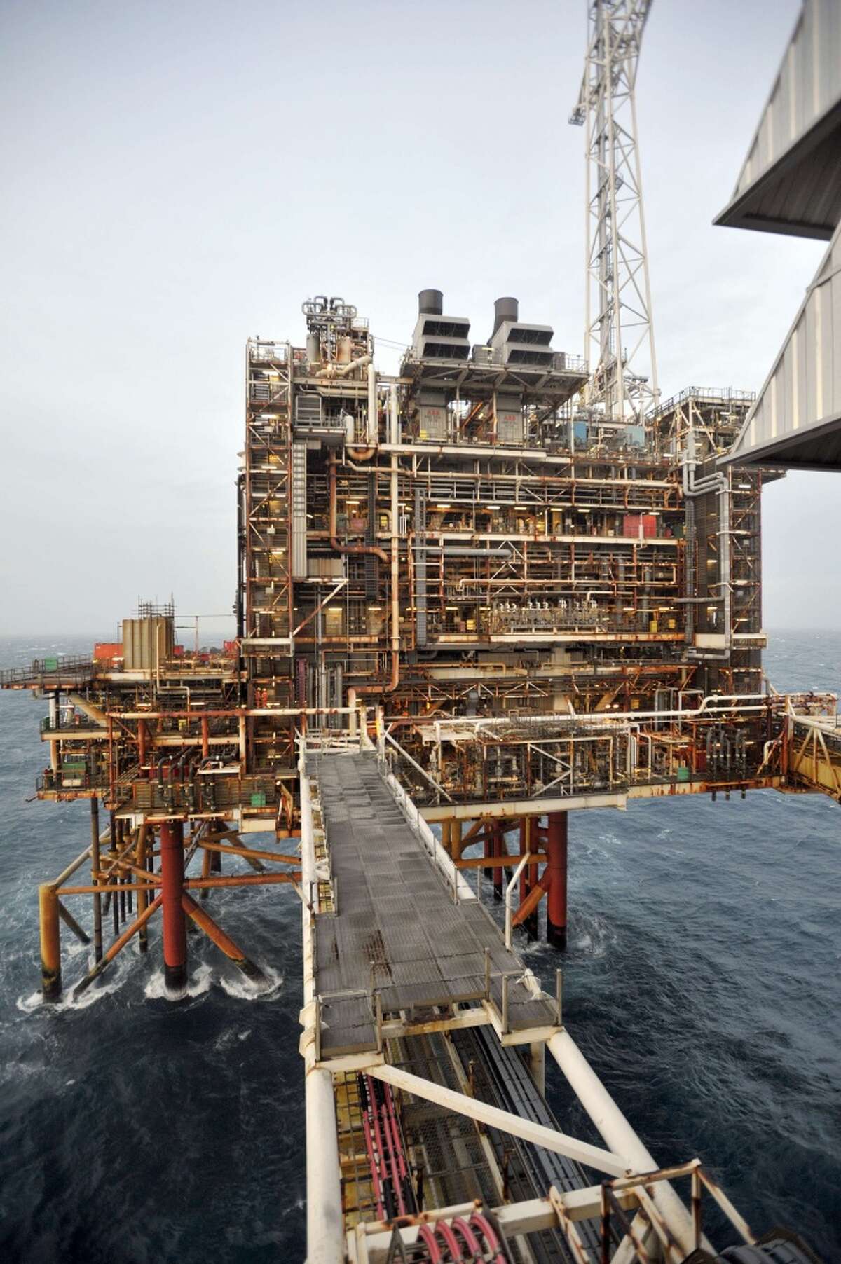 A picture dated February 24, 2014 shows section of the BP ETAP (Eastern Trough Area Project) oil platform in the North Sea, around 100 miles east of Aberdeen, Scotland. Oil is at the heart of the debate over whether Scotland can afford to go it alone or would be better off remaining part of Britain on September 18 -- and booming Aberdeen demonstrates how wealthy it has made some.