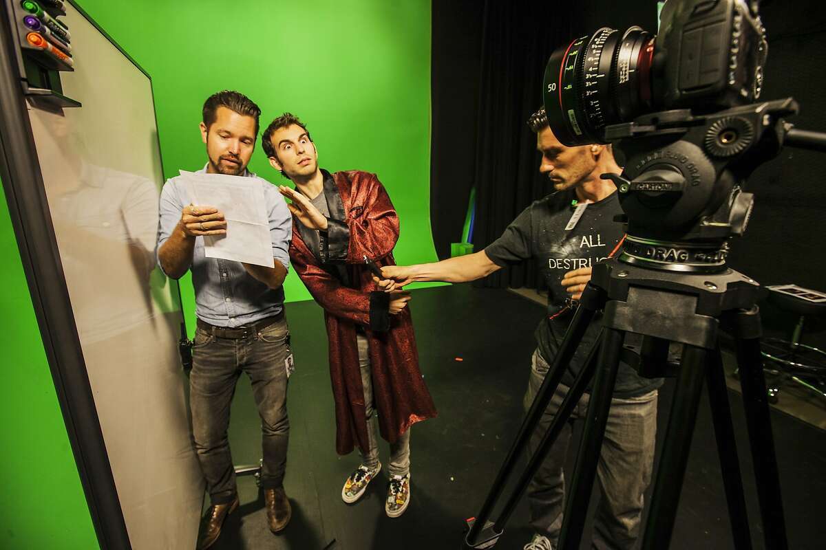 The crew of "VSAUCE3" doing some video filming inside a small studio at YouTube. YouTube offering free classes in video training at it's world studios in Los Angeles. The hosted class is called "Unlocking the Space."