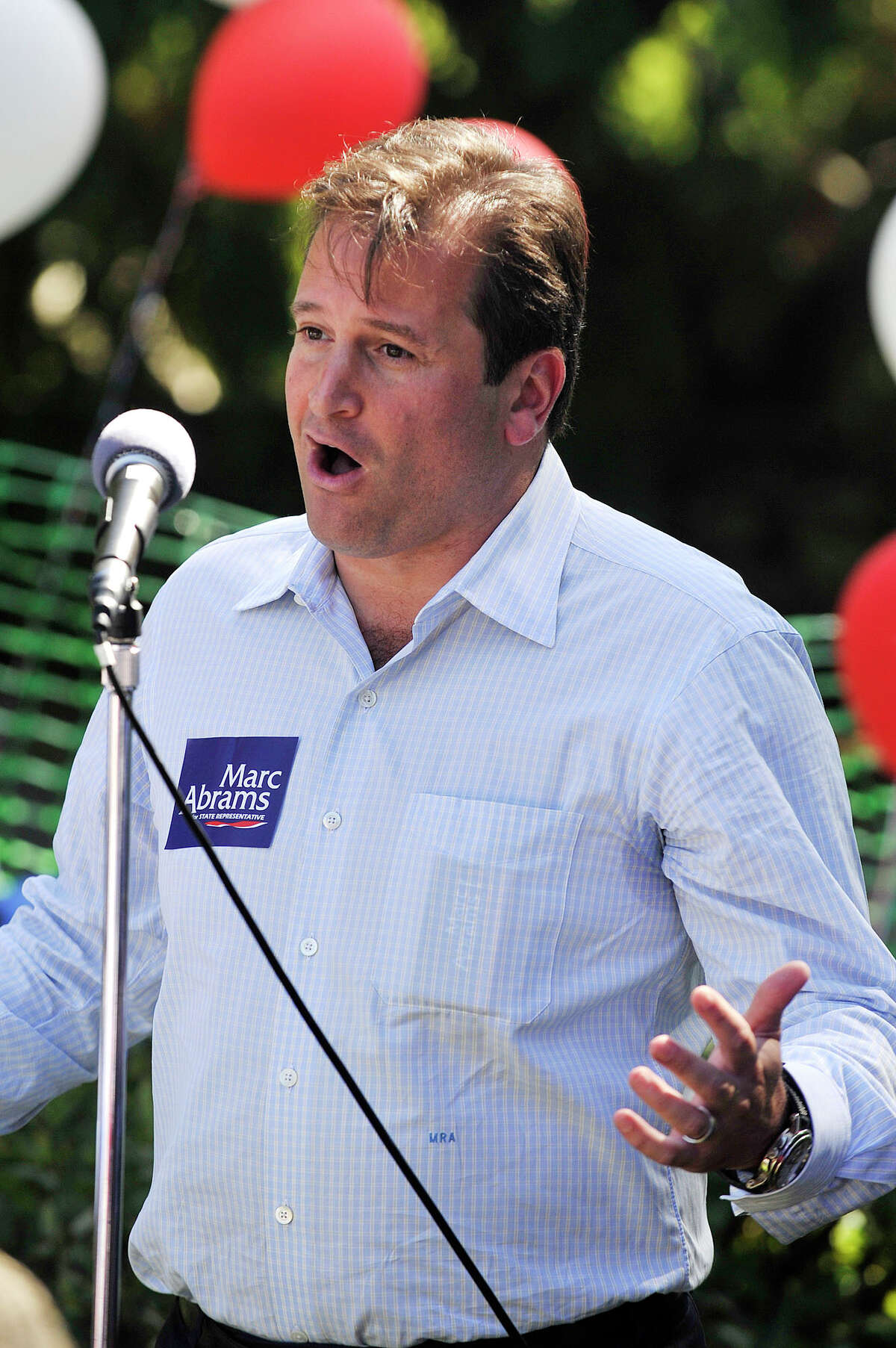 Democratic State Assembly candidate for the 149th District Marc Abrams speaks during the Greenwich Democratic Committee's annual campaign kick-off picnic at the Garden Education Center of Greenwich in Cos Cob, Greenwich, Conn., on Sunday, Sept. 14, 2014.