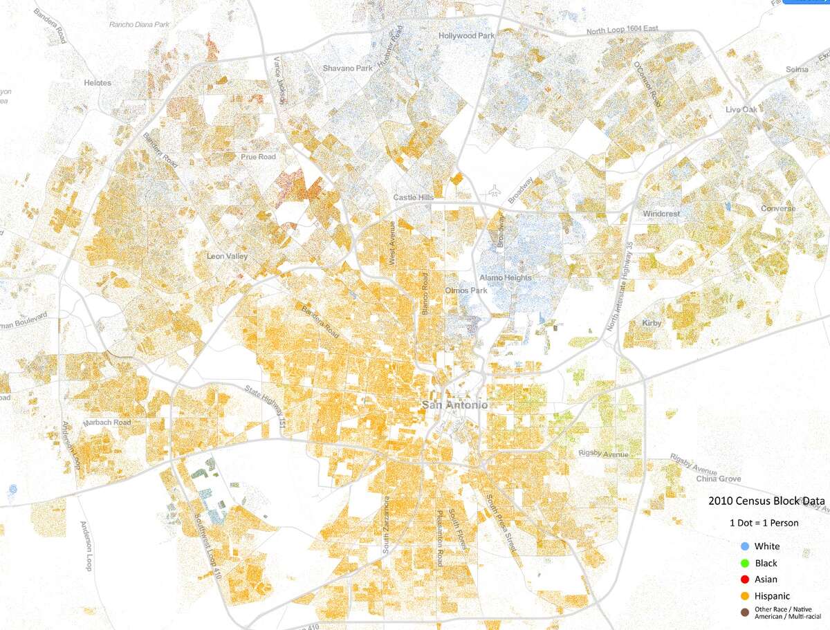 San Antonio on the Racial Dot Map, which was developed by the Weldon Center of University of Virginia and shows population based on race using 2010 Census data. The colors represent one of five categories: White (blue), Black (green), Asian (red), Hispanic (yellow) and other.