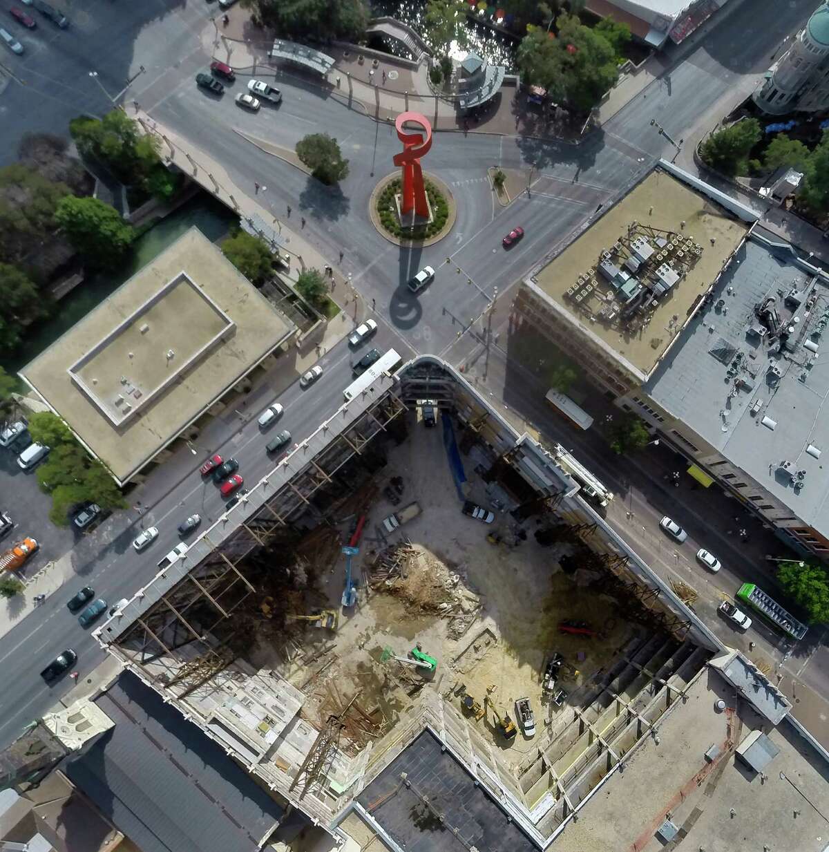The former Joske's building at the corner of Alamo and Commerce is seen Monday Sept. 15, 2014 in an aerial image taken with a quadcopter. Construction crews on Monday completed demolishing the old, timber-frame structure of the historic Joske?•s building as part of the renovation of Rivercenter mall. Part of the demolition included removing the roof of the former department store, at the corner of Alamo and Commerce streets, so crews can begin building 75-foot concrete piers to support the new structure, which soon will house a multi-level H&M store among other tenants.