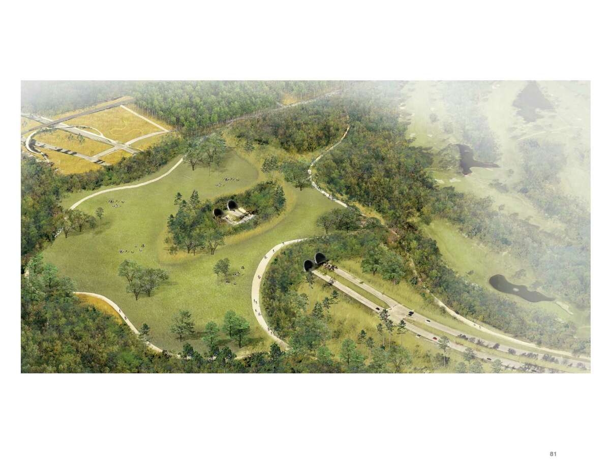 The master plan for Memorial Park proposes an 800-foot-long land bridge over Memorial Drive. Preservation of certain aspects, including remnants of Camp Logan, are proposed.