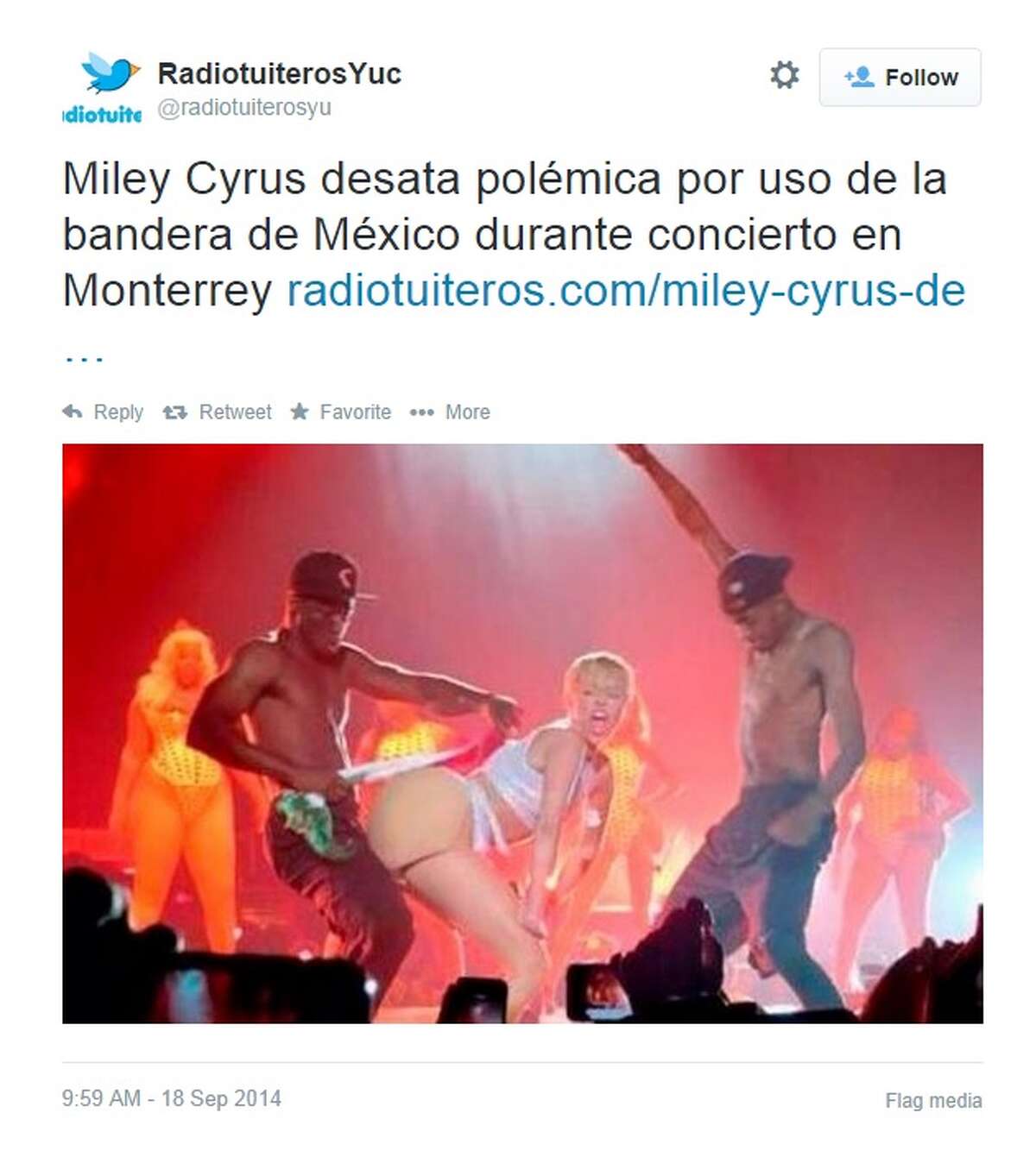 Pop star Miley Cyrus is under a criminal investigation for desecrating the Mexican flag on stage in Monterrey on September 16, 2014, which is Mexican Independence Day.