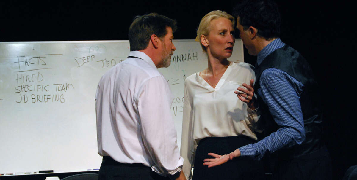 Michael Ray Wisely (left), Carrie Paff and Mark Anderson Phillips in Aaron Loeb's “Ideation,” which has some unusual influences. " returns to open the Playhouse main stage season with original cast members (from left) Michael Ray Wisely, Carrie Paff and Mark Anderson Phillips. The production continues through Nov. 8. Photo by Jordan Puckett