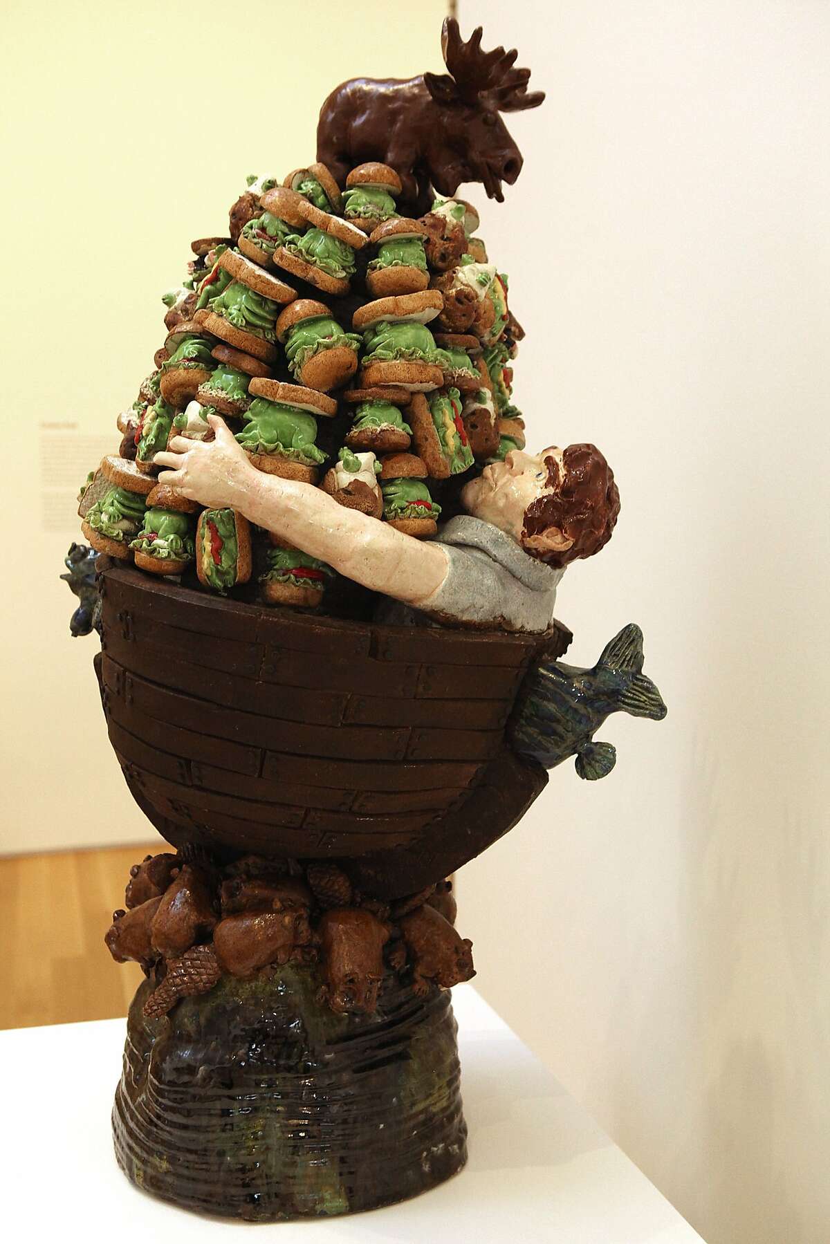 Hoarding My Frog Food 1982, glazed ceramic by artist David Gilhooly displayed at the new Anderson Collection building at Stanford University in Palo Alto, Calif., on Monday, September 15, 2014.