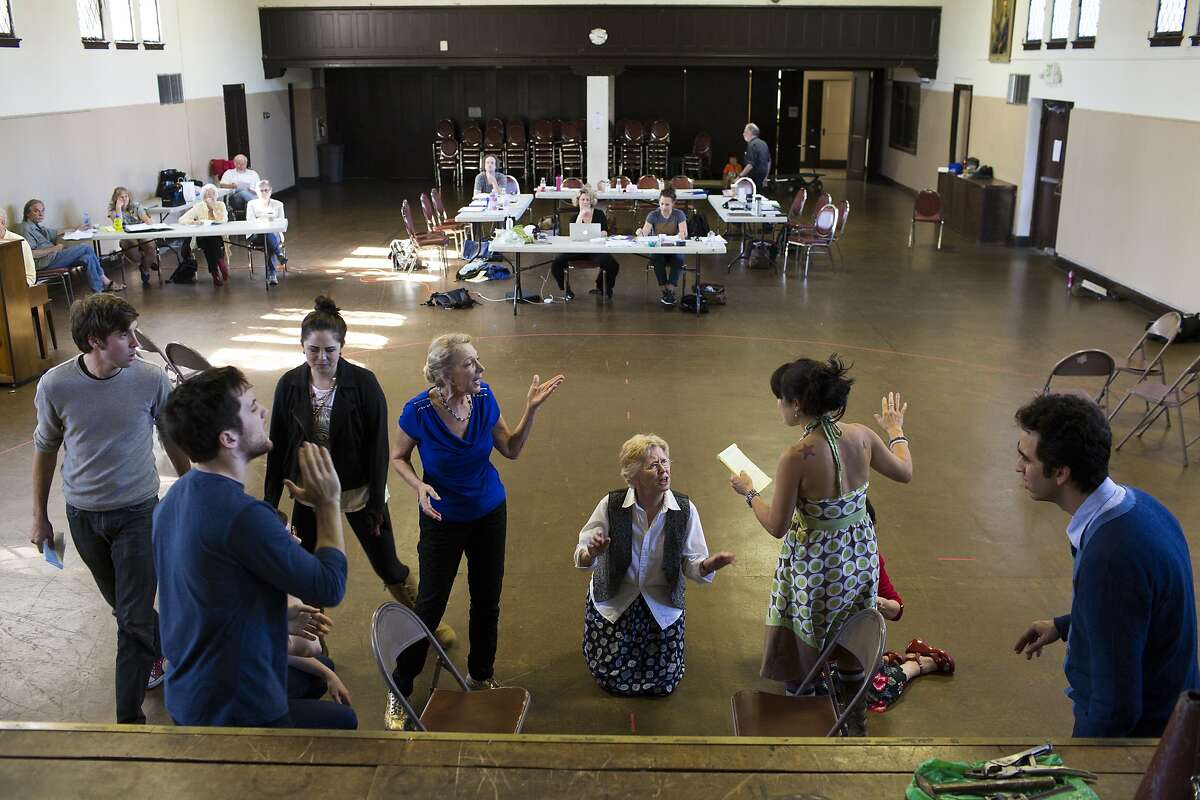A rehearsal of the play "FSM," by Joan Holden at the First Congregational Church in Oakland.