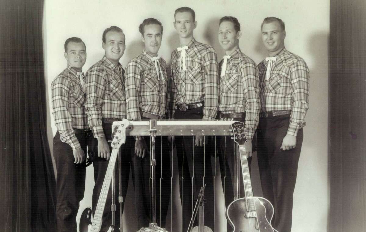 Dow Daggett (far left) next to Johnny Bush in the legendary Western Downbeats. The band performed for John Wayne for "The Alamo Party." Daggett played guitar, adding jazz licks to swing. Bush played drums. Steel guitarist Don Pack is pictured far right.