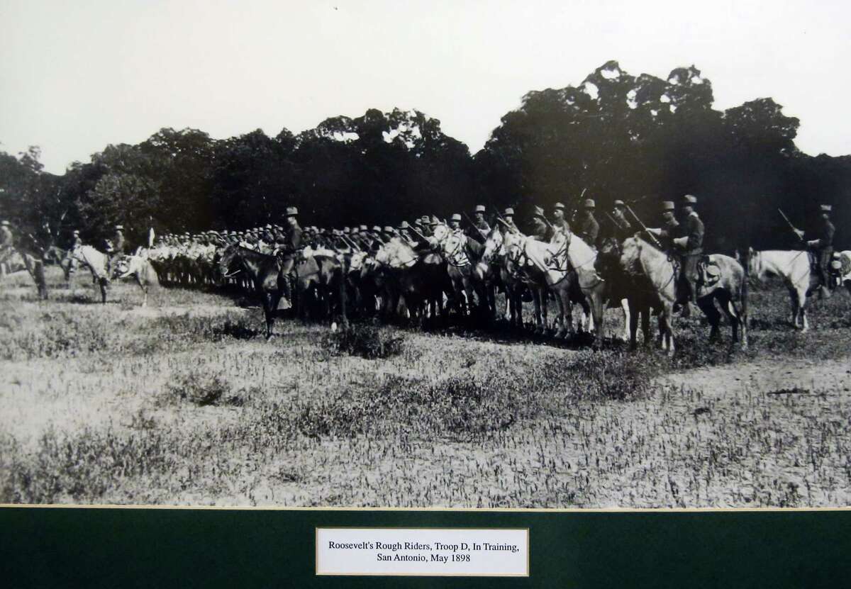 A picture of Teddy Roosevelt training his Rough Riders is seen Wednesday Sept. 17, 2014 near the Menger Hotel bar, where it is said Roosevelt recruited volunteers for his Rough Riders.