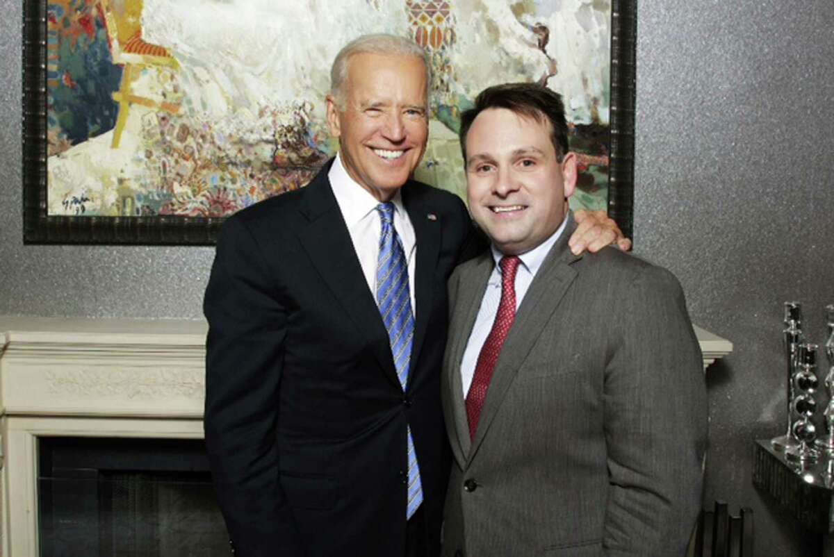 Vice President Joe Biden meets with Greenwich Selectman Drew Marzullo at a fundraiser for Governor Dannel Malloy at the Greenwich home of financier and philanthropist Richard Lukaj.