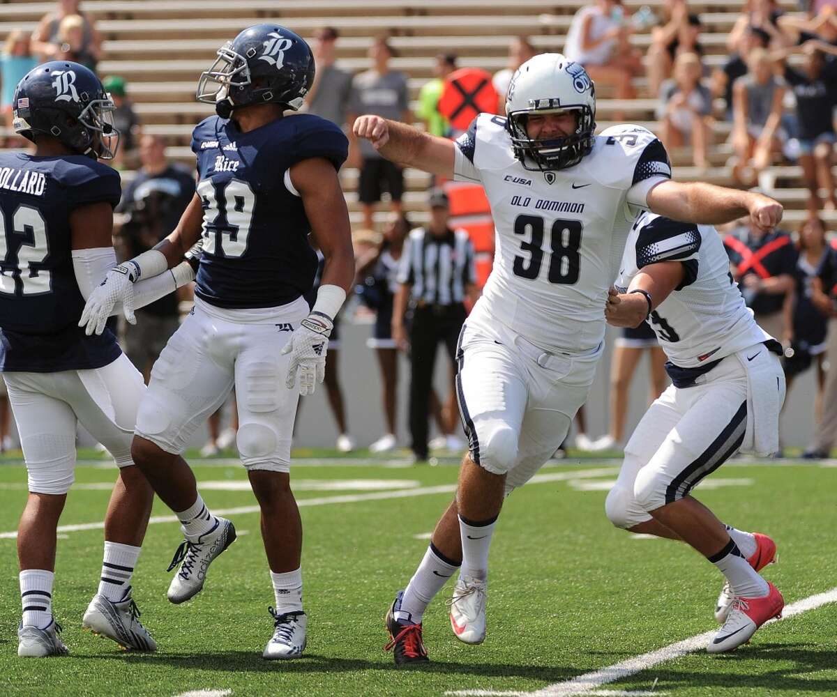 Sept. 20: Old Dominion 45, Rice 42 Record: 0-3 Old Dominion kicker Ricky Segers (38) celebrates his game-winning, 25-yard field goal.