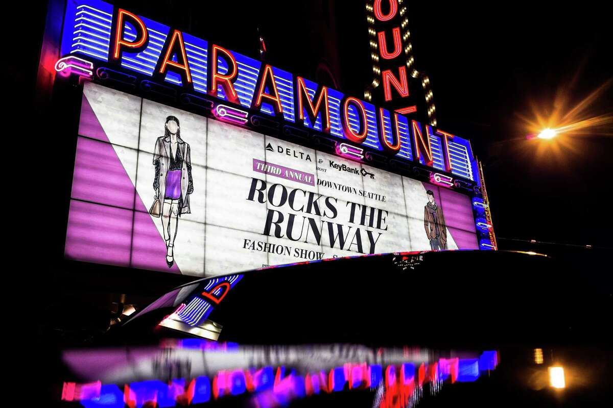 Bright lights of the marquee announce the night's event for the third annual Downtown Seattle Rocks the Runway fashion show Saturday, September 20, 2014, at The Paramount Theatre in Seattle, Washington. Delta Air Lines and KeyBank presented the red carpet affair.