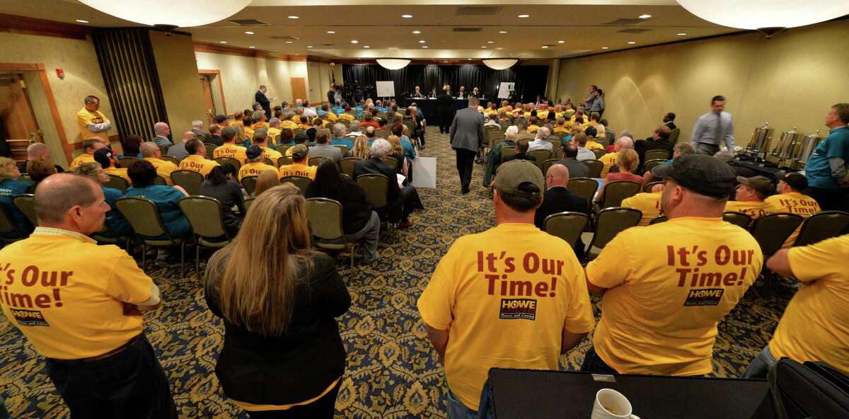 Different groups both for and against casinos put forth their thoughts during a public hearing on the location of casinos in the area Monday morning, Sept. 22, 2014, at the Holiday Inn Turf on Wolf Road in Colonie, N.Y. (Skip Dickstein/Times Union)