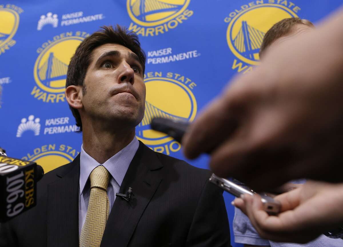 General Manger Bob Myers, makes comments to the news media, on the Golden State Warriors' decision to fire head coach Mark Jackson, during a press conference at the Warriors' training facility in Oakland, Calif. on Tuesday May 6, 2015.