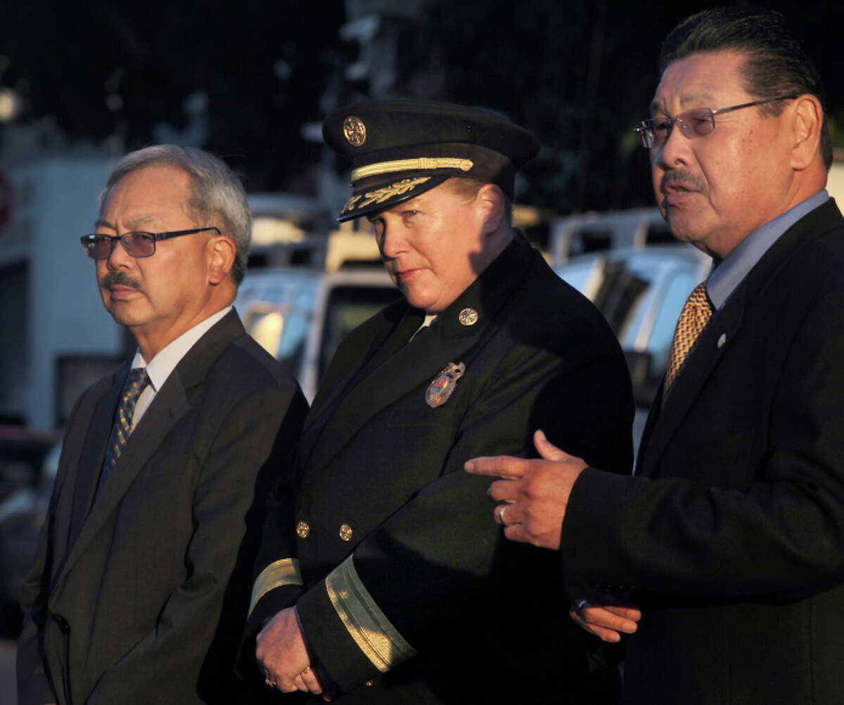Fire Chief Joanne Hayes- White is joined by Mayor Ed Lee and Fire Com mission President Stephen Nakajo during a ceremony at Fire Station 7 in San Francisco, Calif. on Thursday, Sept. 11, 2014 to remember the first responders who perished in the terrorist attack on the World Trade Center in New York City 13 years ago.