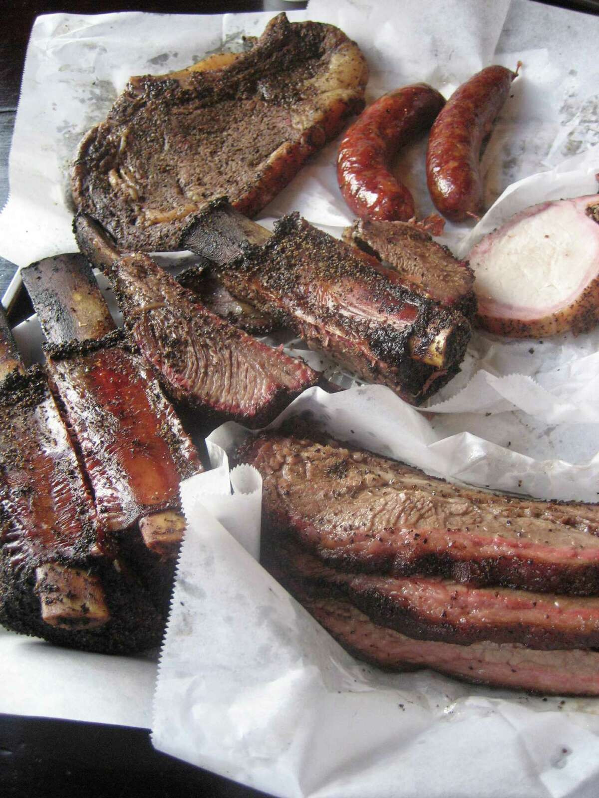 A tray of barbecue at Louie Mueller Barbecue in Taylor.