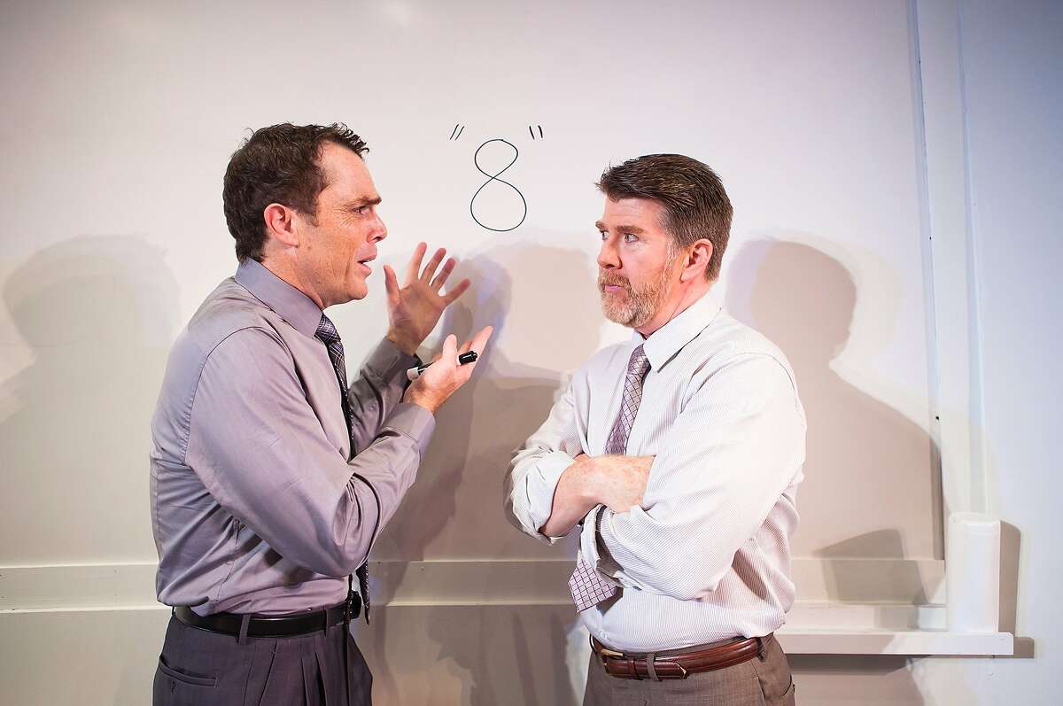 Ted (Michael Ray Wisely, right) and Brock (Mark Anderson Phillips) try to quantify the mysterious project in "Ideation" at SF Playhouse