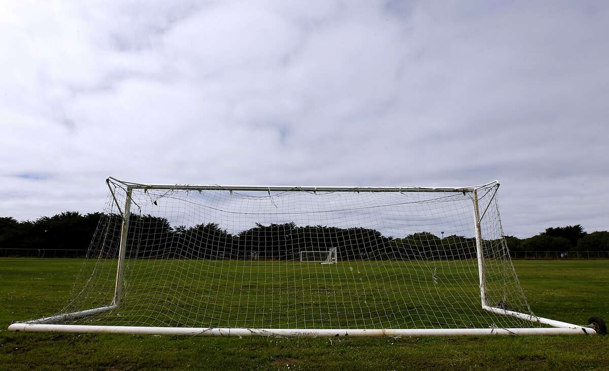 Soccer goals are seen at the Beach Chalet soccer fields at Golden Gate Park in San Francisco, Calif. on Wednesday, Sept. 24, 2014. Voters will choose from two dueling measures on the November ballot which will determine if the popular grass fields will be replaced with artificial turf.