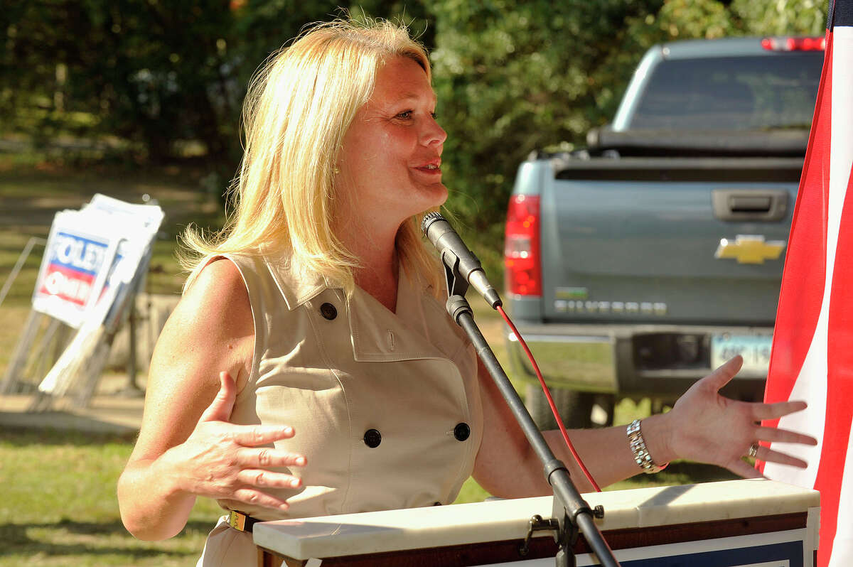 Republican Lieutenant Governor candidate Heather Somers speaks during the annual Republican Town Committee clambake/campaign kickoff at Greenwich Point Park in Greenwich, Conn., on Sunday, Sept. 28, 2014.
