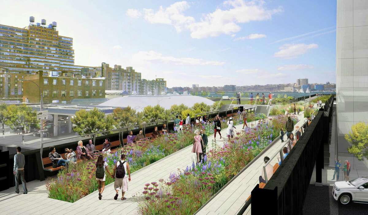 In this undated artist rendering provided by the “Friends of the High Line,” the High Line’s 11th Avenue Bridge looking west toward the Hudson River in New York is shown. Thirty feet above New York City streets, the final section of the flower-strewn walkway that once a right of way for freight train traffic opened to the public on Sunday, Sept. 21, 2014. (AP Photo/James Corner Field Operations, Diller Scofidio + Renfro.) NO SALES ORG XMIT: NYR402