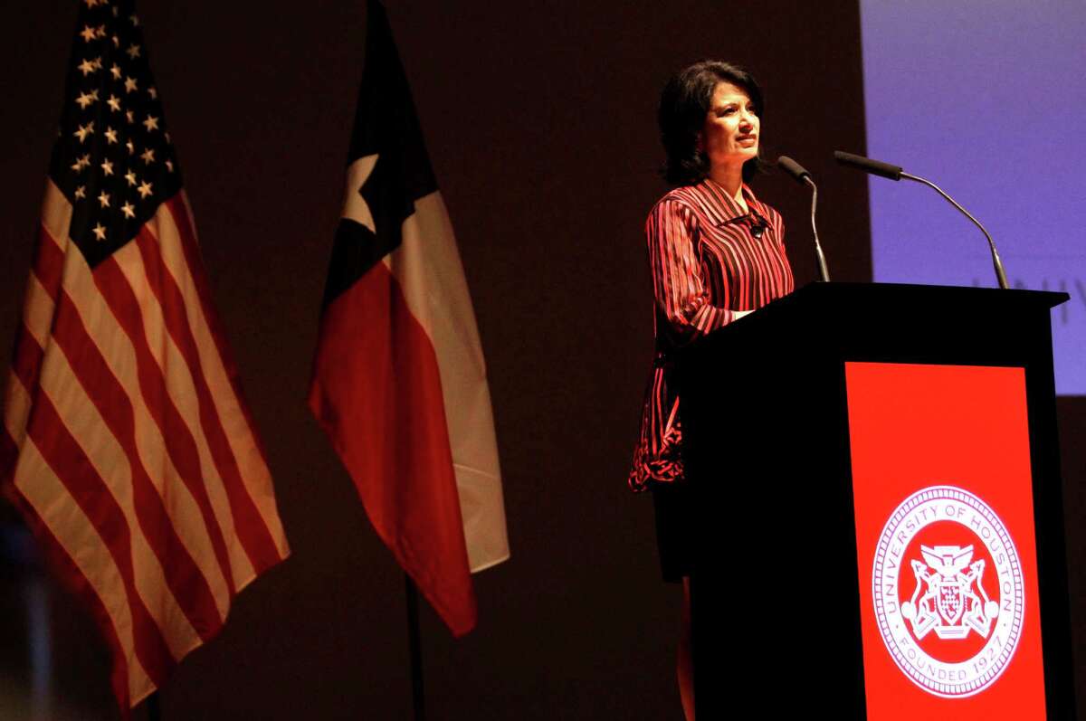 Renu Khator, president of the University of Houston, speaks during the annual State of the University at the University of Houston's Moores Opera House Wednesday, Oct. 1, 2014, in Houston.