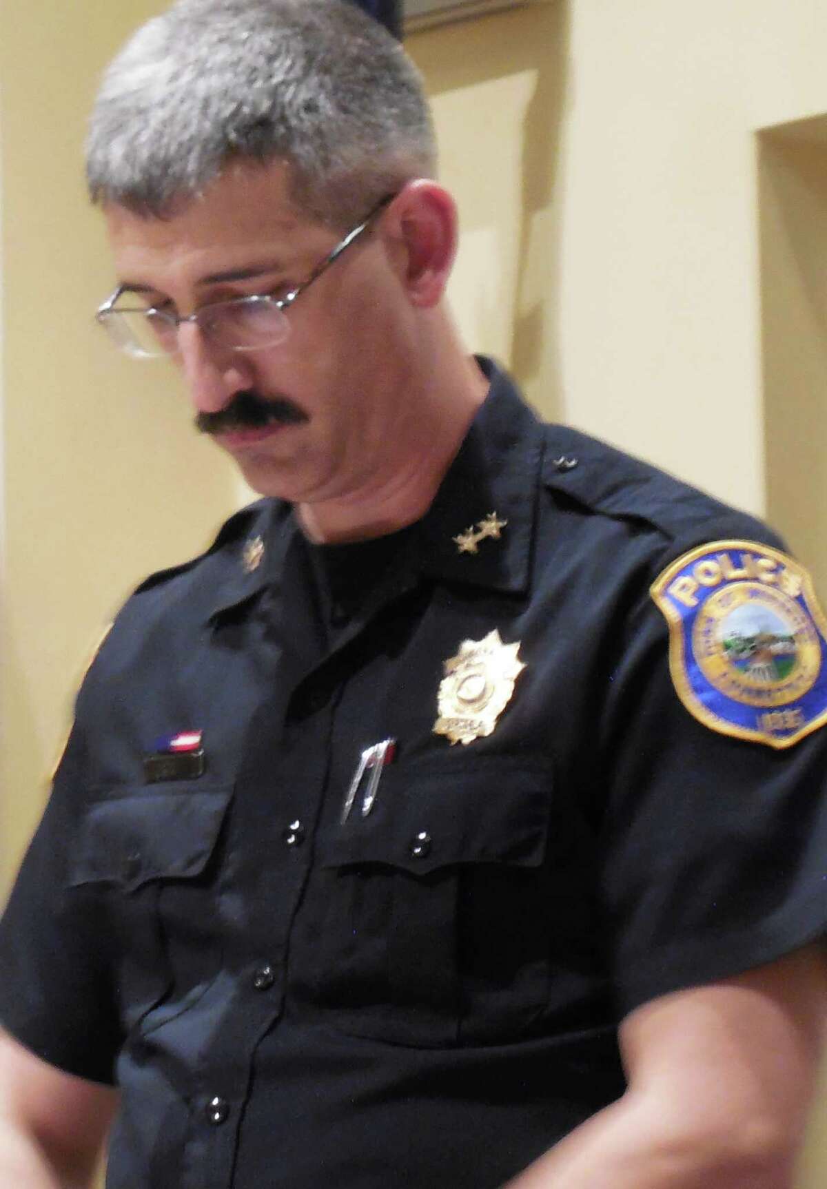 Police Chief Dale Call reads his request for $20,000 funding to purchase up to 15 body-worn video cameras for police officers during Wednesday's Board of Finance meeting.