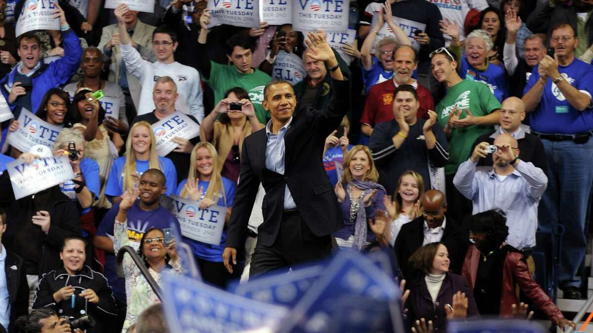 President Barack Obama arrives at Saturday's rally at the Arena at Harbor Yard in Bridgeport, Conn. Oct. 30th, 2010.