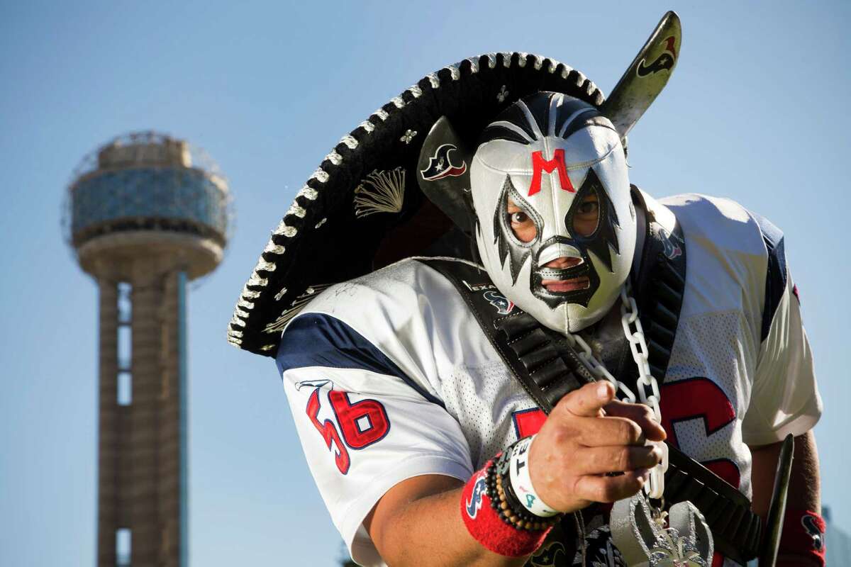 Texans fan Oved Carranza, who now lives in Dallas, dresses up as his superfan alter ego - complete with Mexican wrestling mask, mariachi pants, a sombrero and shoulder pads - and makes the drive to Houston for each Texans home game.