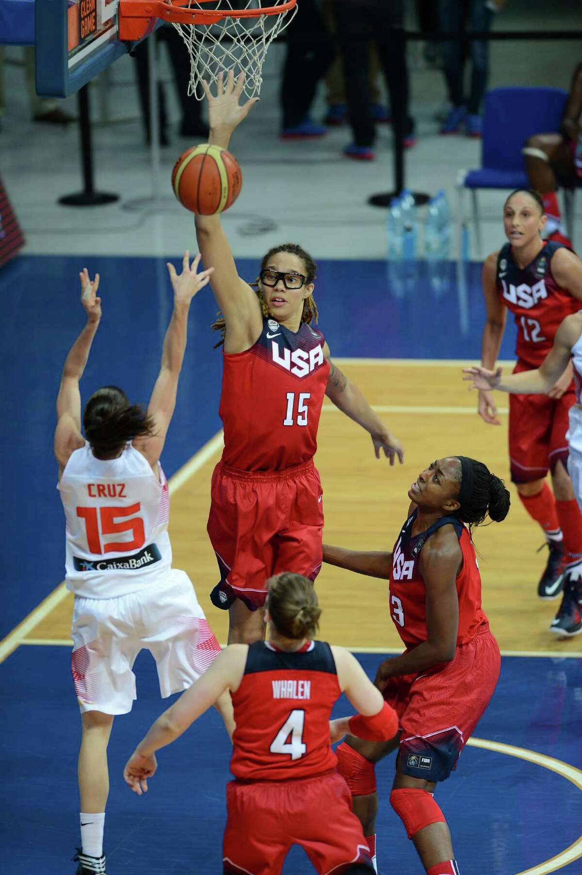 Brittney Griner blocks a shot for the U.S. during Sunday's 77-64 victory over Spain in which Griner scored 11 points.