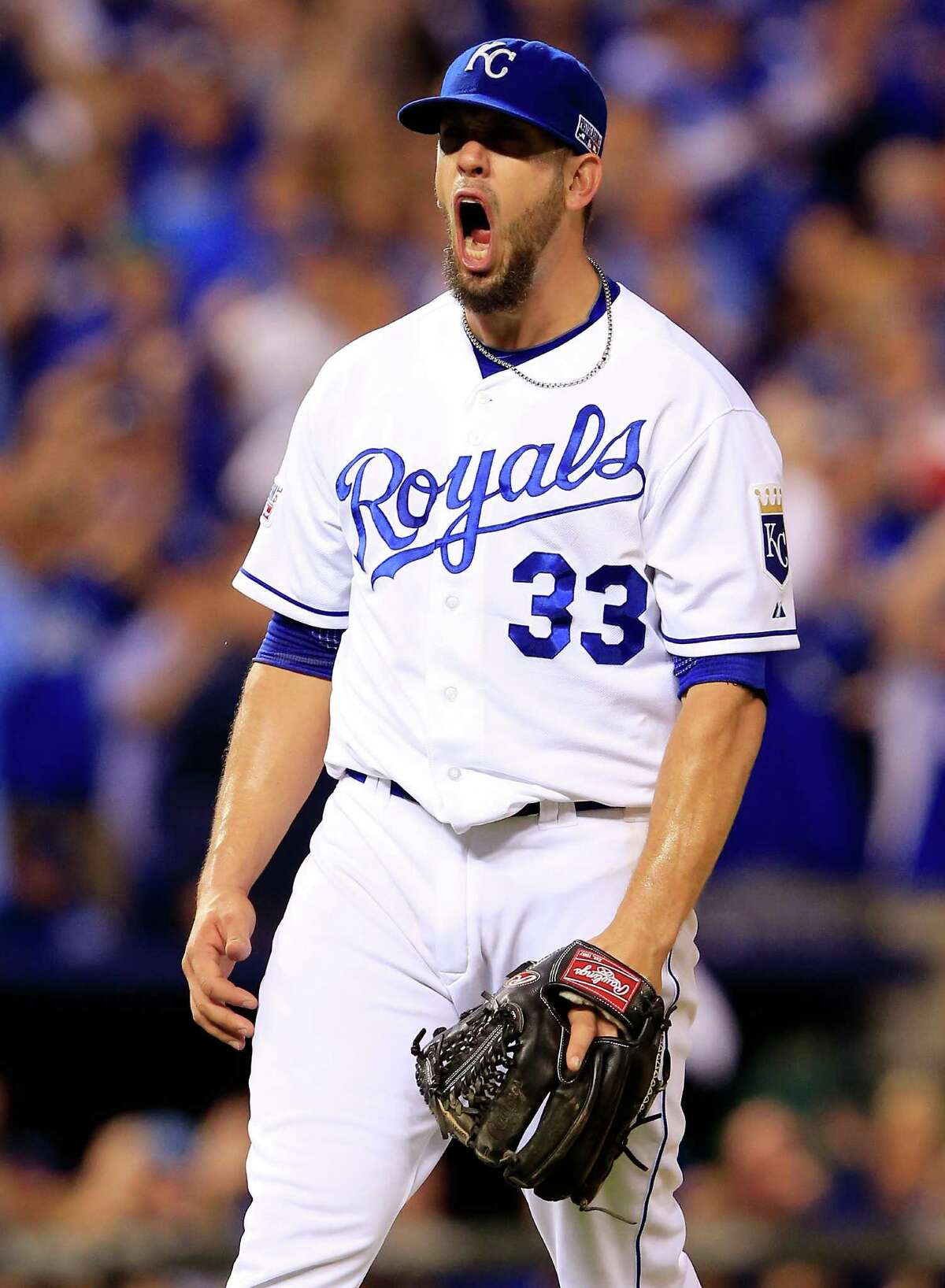 KANSAS CITY, MO - OCTOBER 05: James Shields #33 of the Kansas City Royals reacts after a strikeout to end the top of the sixth inning against the Los Angeles Angels during Game Three of the American League Division Series at Kauffman Stadium on October 5, 2014 in Kansas City, Missouri. (Photo by Jamie Squire/Getty Images)