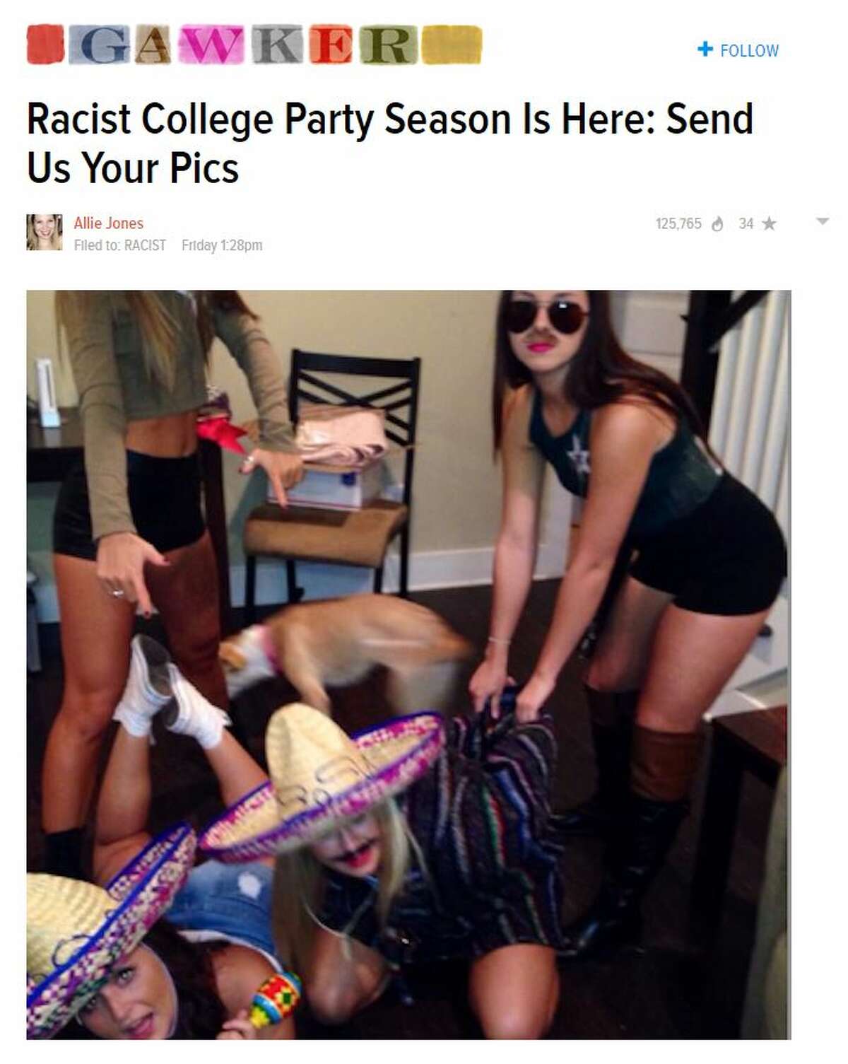 Officials at Texas Tech University are investigating photos of women who are allegedly part of the university's members of Zeta Tau Alpha international women’s fraternity holding a "Border Patrol" party in photos leaked anonymously to Gawker.