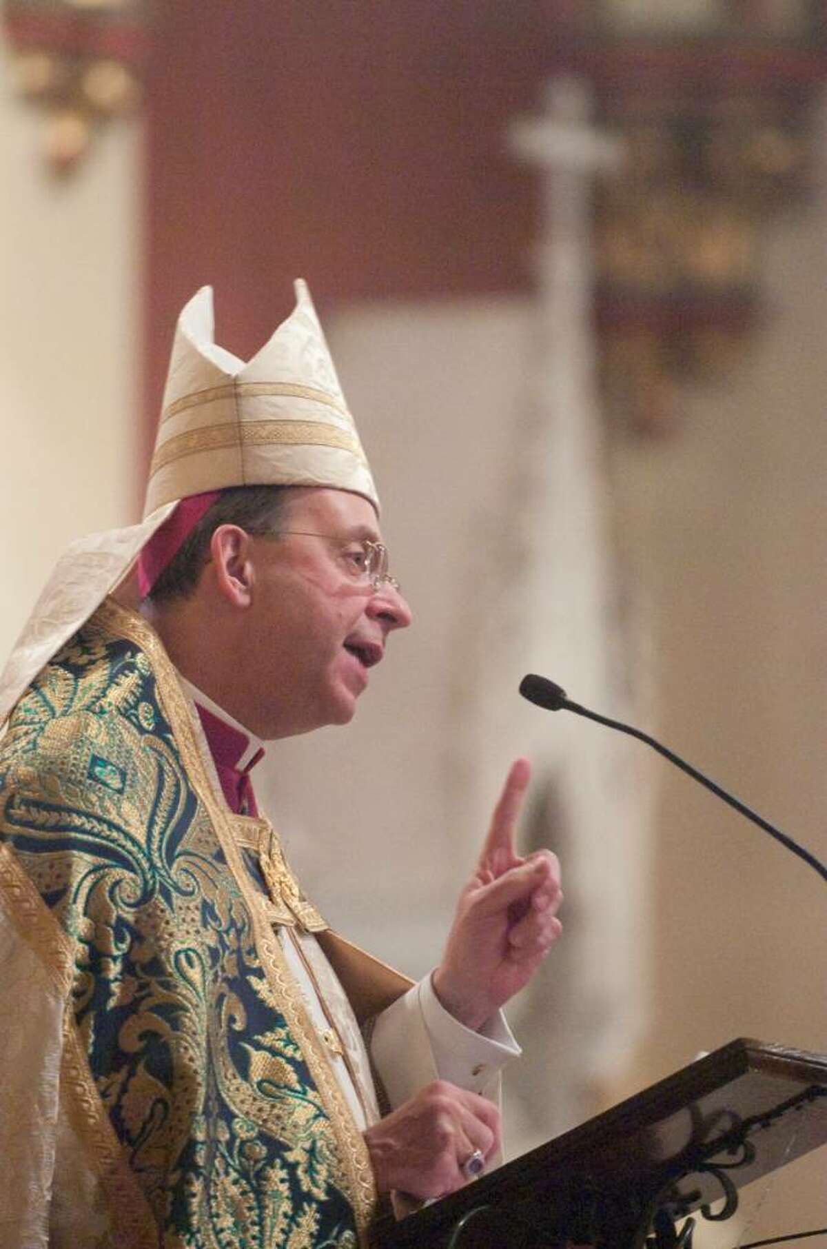 Bishop William E. Lori speaks during the inauguration ceremonies for the Basilica of St. John the Evangelist in downtown Stamford, Conn. on Monday, Feb. 22, 2010. The church was officially designated by Pope Benedict XVI as a minor basilica, making it the second minor basilica in the state after the Basilica of the Immaculate Conception in Waterbury.