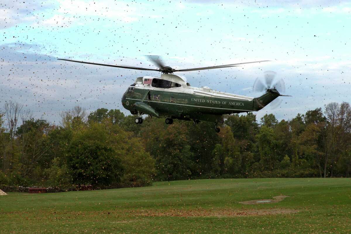 Marine One carrying President Barack Obama arrives for a fundraiser, on Tuesday, Oct. 7, 2014, in Greenwich, Conn. Obama is traveling to New York and Connecticut for Democratic fundraisers.