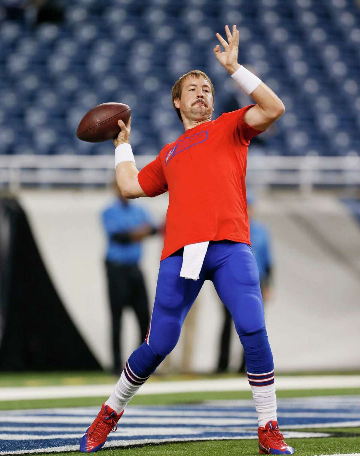 Buffalo Bills quarterback Kyle Orton warms up before the Bills play the Detroit Lions during an NFL football game Sunday, Oct. 5, 2014, in Detroit. (AP Photo/Paul Sancya)