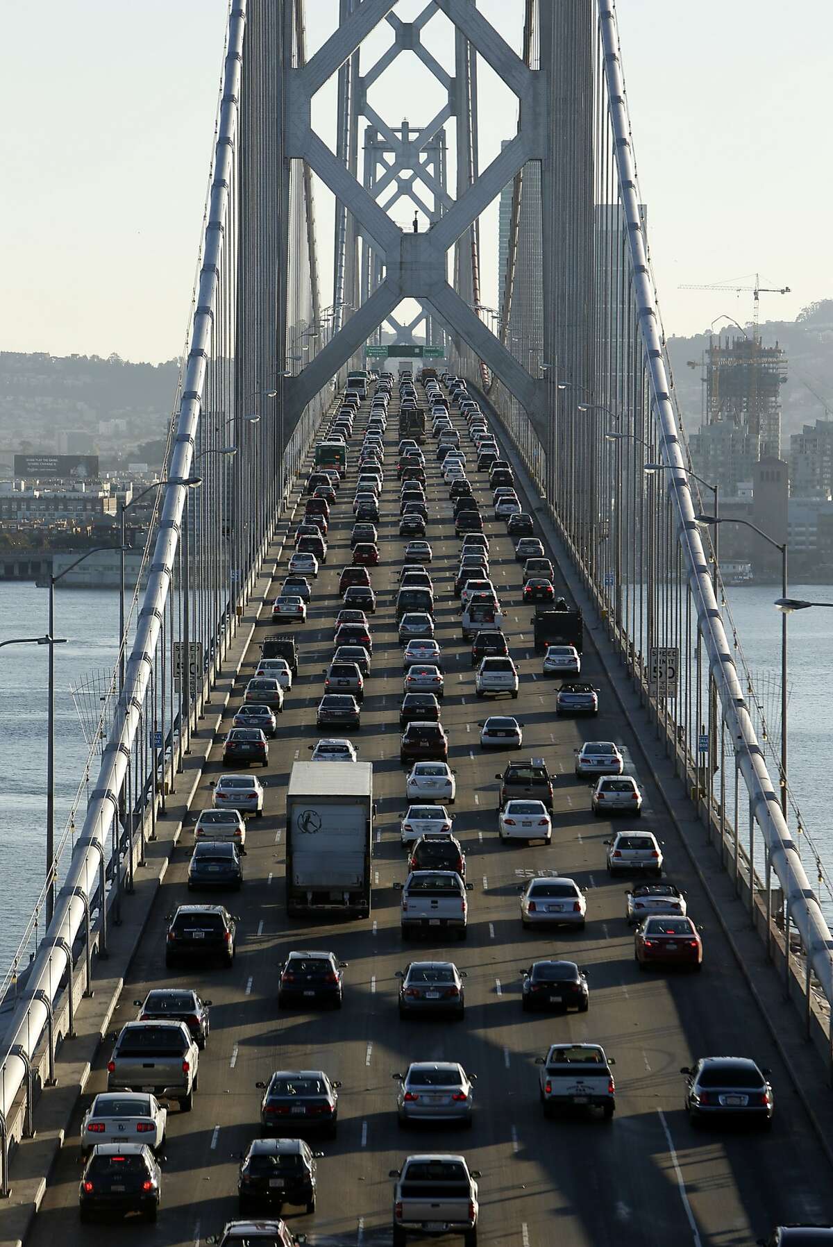 Traffic moves slowly over the Bay Bridge towards San Francisco, Calif. on Thursday, October 2, 2014.