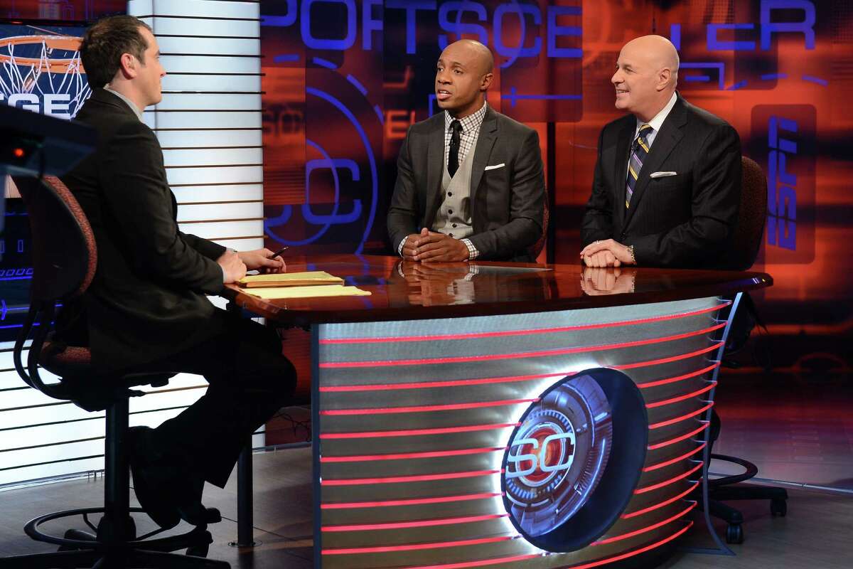 Bristol, CT - February 25, 2013 - Studio F: SportsCenter anchor Max Bretos (l) with college basketball analysts Jay Williams and Seth Greenberg.(photo by Rich Arden/ESPN Images)