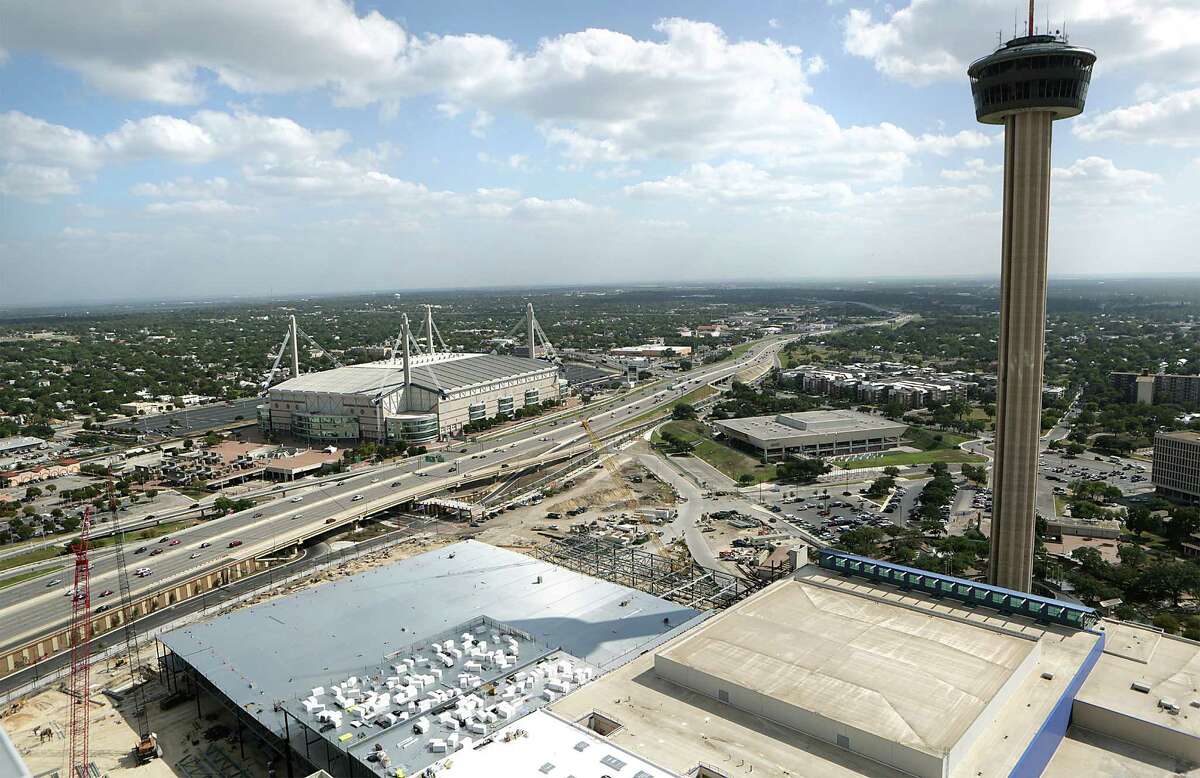 The addition to the convention center can be seen in relation to the Tower of the Americas and the Alamodome. Construction crews are ahead of schedule and under budget on the $325 million Convention Center expansion. Friday, Oct. 10, 2014.