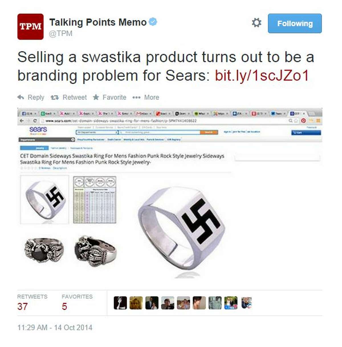 @TPM tweeted, "Selling a swastika product turns out to be a branding problem for Sears."