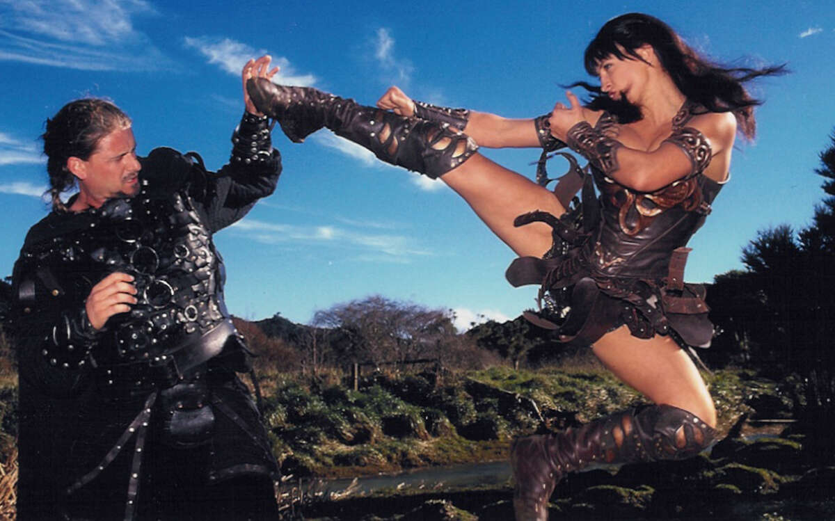 Zoè Bell, former stunt double for Xena: Warrior Pricess, demonstrates one of her many talents as a stuntwoman in a scene from the documentary “Double Dare,” which was released in 2005.