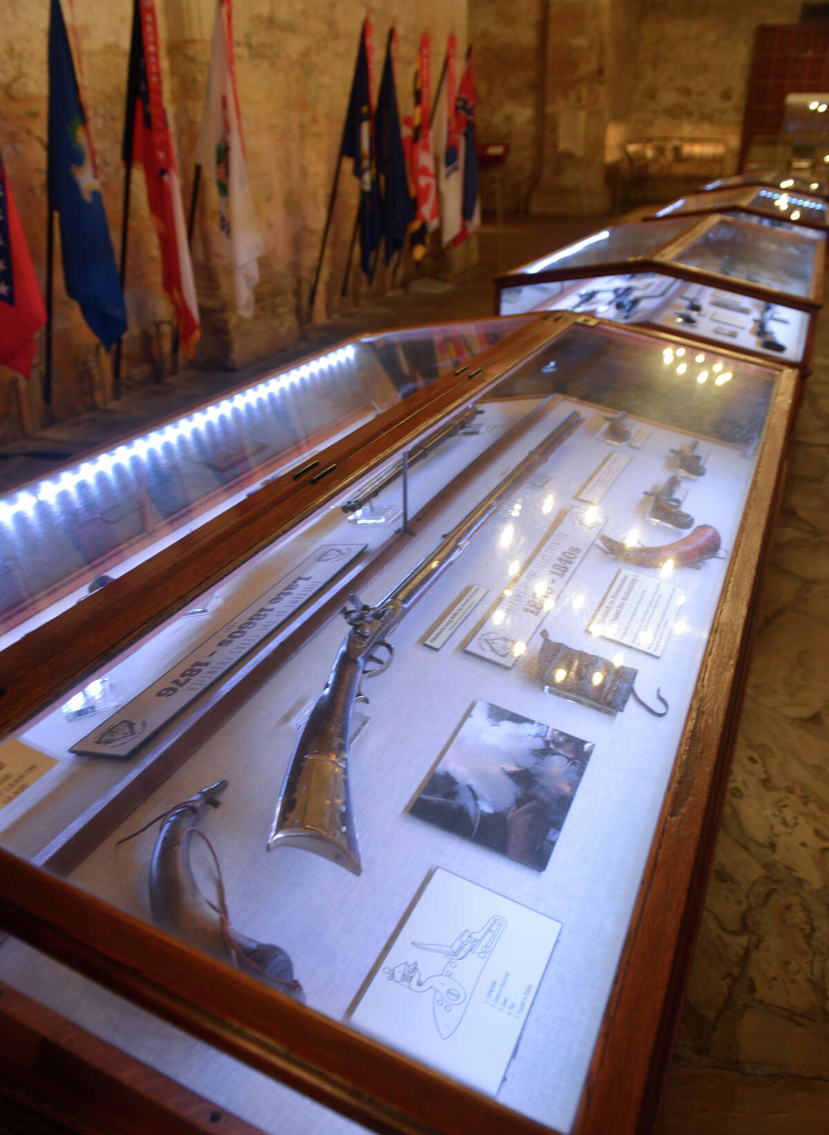 Some of the firearms now on display in the Alamo Shrine as part of the "Firearms of the Texas Frontier: Flintlock to Cartridge (1836-1876).