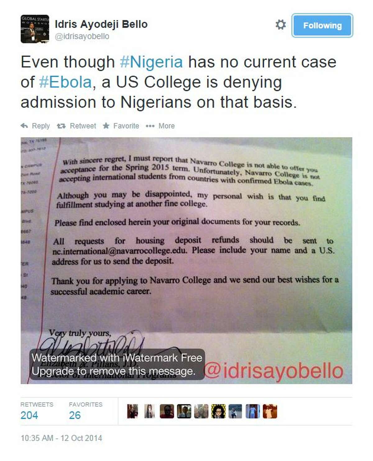 A Texas college is denying admission to applicants from countries with confirmed Ebola cases, even if those nations have no current cases of the dreaded disease. Idris Ayodeji Bello, an advocate for Africans in the United States, took to Twitter on Oct. 12 to circulate a letter from Navarro College in Corsicana telling applicants the college "is not accepting international students from countries with confirmed Ebola cases."