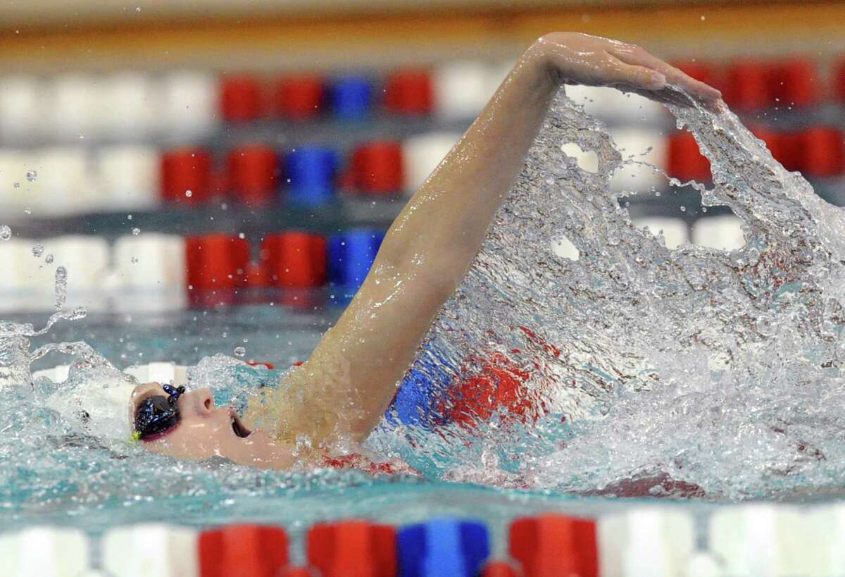 Kelly Montesi of Greenwich High School competes in the 200 IM event during the girls high school swimming meet between Greenwich High School and Ridgefield High School at Greenwich, Wednesday, Oct. 15, 2014.