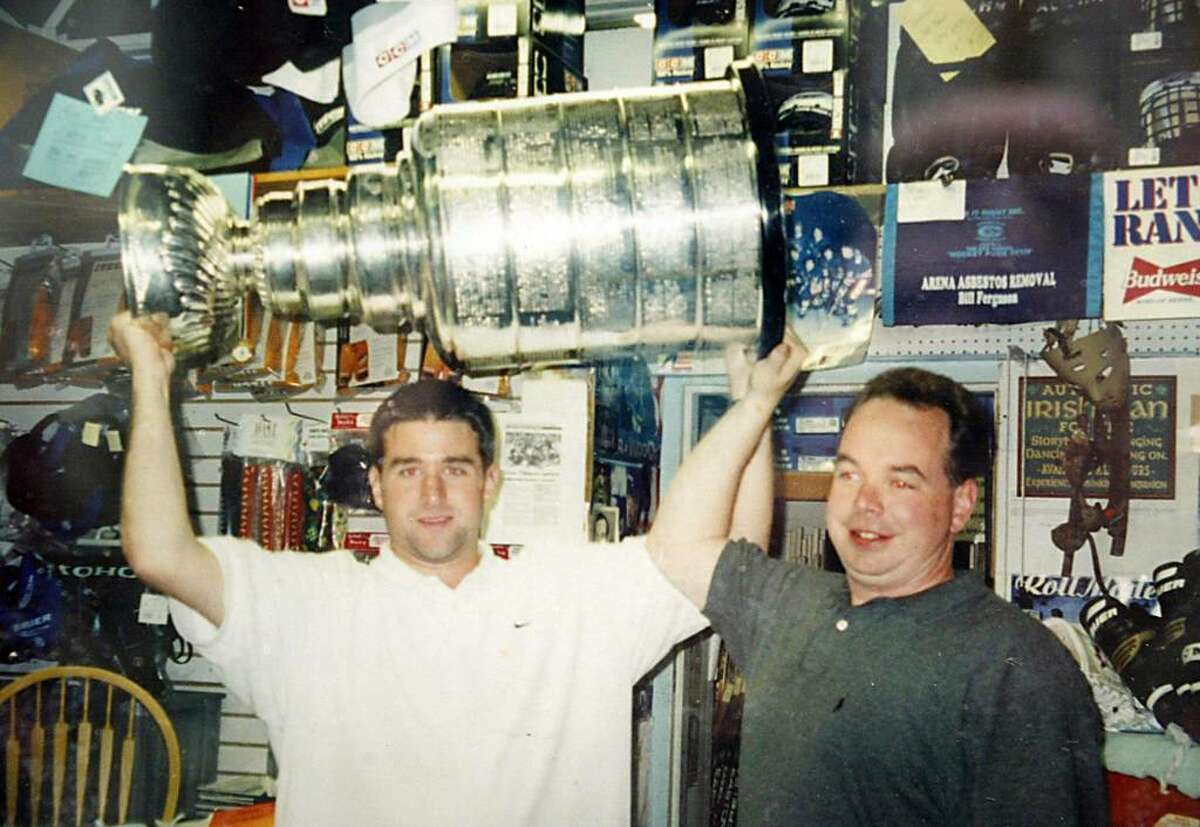After winning the NHL Championship as a member of the Colorado Avalanche in 2001, Chris Drury returned to the Wonderland of Ice, in Bridgeport, with the Stanley Cup. He is seen here with Wonderland's John Ferguson.