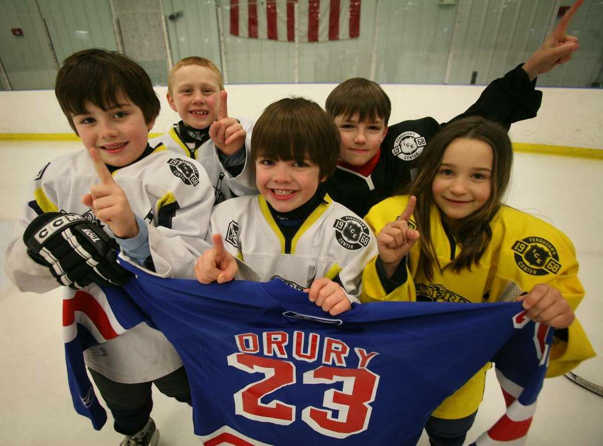 From left; Wonderland Wizards hockey players Deaglan O'Donnell, 7 of Fairfield, Sean Seiler, 7 of Fairfield, Ronan O'Donnell, 5 of Fairfield, Leonard DiNardo, 8 of Trumbull, and Emma Blanchette, 6 of Shelton, at the Wonderland of Ice in Bridgeport, where Team USA's Chris Drury got his start.