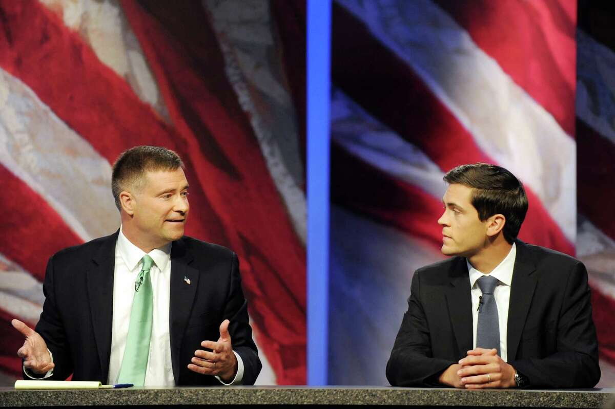 The 19th Congressional District candidates Rep. Chris Gibson, left, and Sean Eldridge debate on Thursday, Oct. 16, 2014, at WMHT Studios in North Greenbush, N.Y. (Cindy Schultz / Times Union)