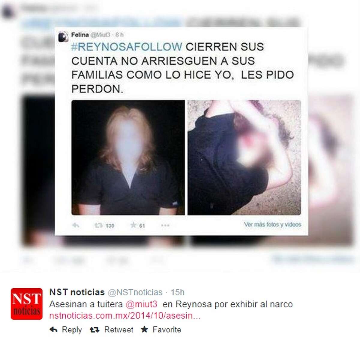 The Twitter account associated with María del Rosario Fuentes Rubio, @Miut3, was hacked by her kidnappers, later Tweeting a photo of a bloody, lifeless body on Thursday morning. The status that accompanied the photo suggested people close their accounts in order to protect the lives of their families.