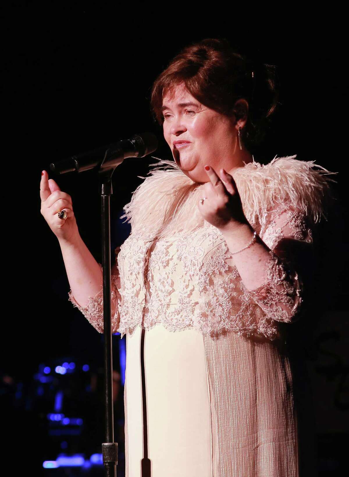 SAN DIEGO, CA - OCTOBER 08: Susan Boyle performs at the Balboa Theater on October 8, 2014 in San Diego, California. The concert was the first of Boyle's 21-date city tour in the United States. (Photo by Robert Benson/Getty Images for Susan Boyle)